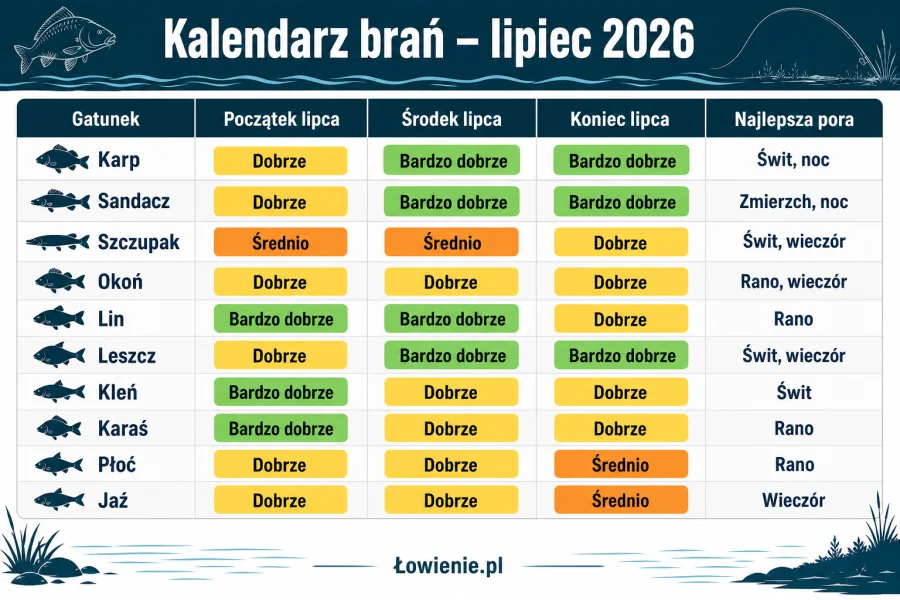 Co łowić w lipcu 2026? Kalendarz brań najpopularniejszych gatunków