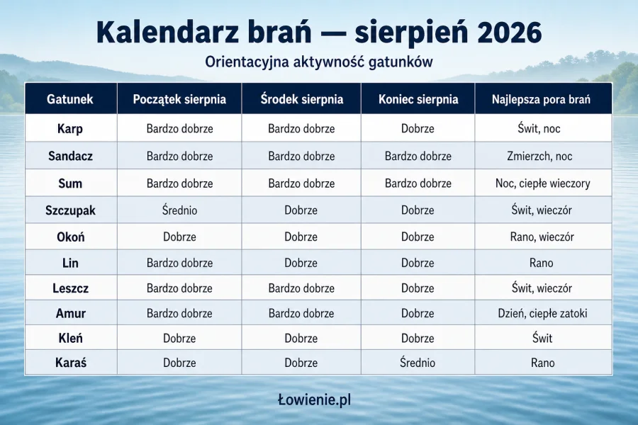 Co łowić w sierpniu 2026? Kalendarz brań najpopularniejszych gatunków