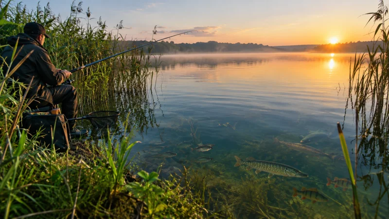 Poranek nad jeziorem, wędkarz łowiący przy trzcinach